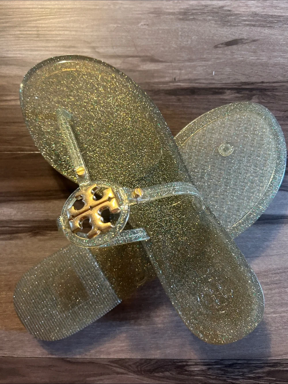 Tory Burch Metallic Gold Logo T-Strap Sandals